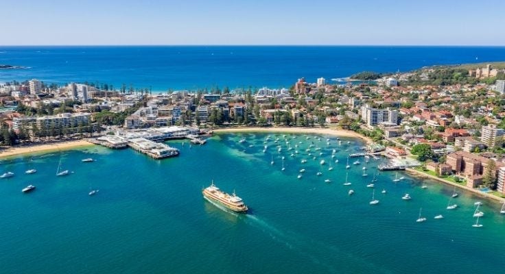 Aerial view of Manly Wharf and Manly Beach