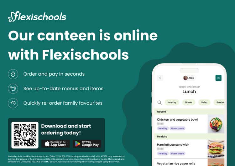 Flexischools phone with imageof the app and QR code to download flexischools